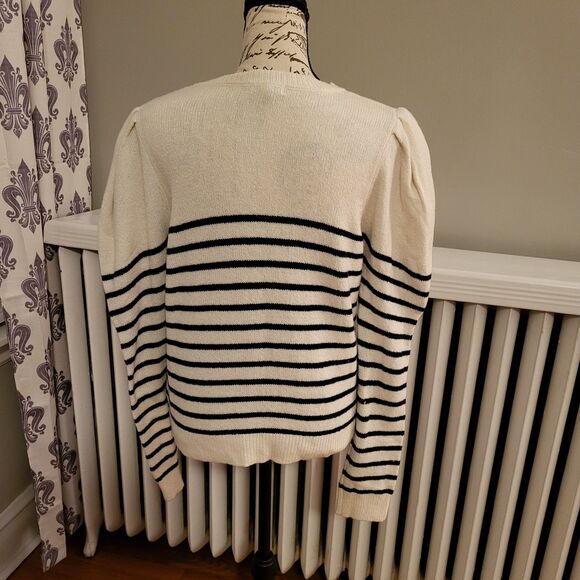 Joie Ruthine Sweater, Breton Stripes, Puff Sleeves, Buttons, Crew Neck, Sz M - Picture 4 of 11